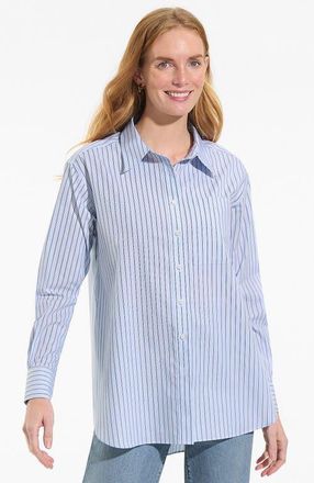 Lands End No Iron Oversized Poplin Extra Long Tunic in Misty Blue/deep Sea Stripes at Nordstrom, Size Xx-Small