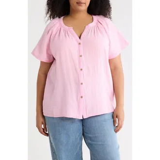 Beach Lunch Lounge Lark Cotton Gauze Button-Up Top in Wild Rose Wash at Nordstrom Rack, Size 3X