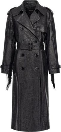Roberto Cavalli Leren trenchcoat met franjes - Dames - Trenchcoats - Zwart - M - Leer - Jassen