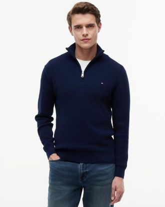 Tommy Hilfiger Mens Seasonal Structure 1/4 Zip Sweatshirt in Dark Blue Cotton - Size X-Large