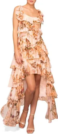 Melloday Floral Hig-Low Tiered Maxi Dress in Peach Floral at Nordstrom, Size X-Large