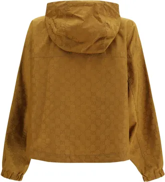Gucci Womens Short Technical Jacquard Jacket With All-Over Gg Motif Caramel Suede Nylon