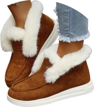 Generic Fur Lined Boots Women Fur Lined Ankle Boots Orthopedic Boot for Women Flat Ankle Boot Winter Warm Snow Booties Casual Cozy Flat Slip on Shoes Wide Fit