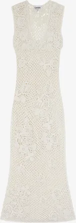 Ganni White Long Dress in Cotton Crochet - Size M Organic