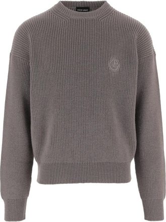 Giorgio Armani Wol trui met logo - Heren - Ronde hals truien - Grijs - M - Wol - Truien & Vesten