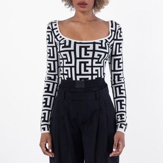 Balmain Monogram Scoop Back Knitted Bodysuit, Brand Size 36 ( US Size 4 )