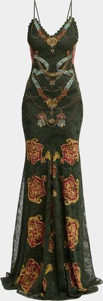 Etro Sleeveless Chain-Print Lace Trumpet Maxi Dress