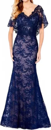 Cameron Blake Cape Sleeve Formal Dresses In Navy Blue/nude