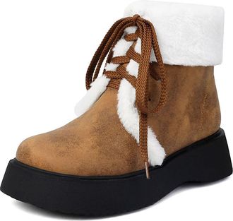 Generic Womens Lace Up Winter Short Boots Round Toe PU Leather Ankle Boots Flat Heel Platform Formal Shoes,Yellow,4.5 UK