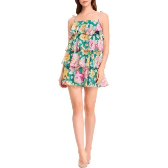 Dress The Population Pixie Metallic Stripe Floral Tiered Minidress in Pine Multi at Nordstrom Rack, Size X-Large