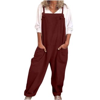 Generic Dungarees for Women UK | Loose Breathable Cotton Linen Jumpsuits & Playsuits Classic Elegant Solid Pockets Baggy Overalls Adjustable Strap Square Neck