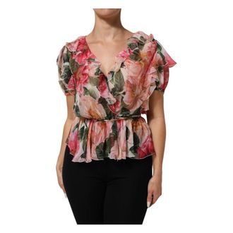 Dolce & Gabbana Blouses, female, Multicolor, Size: XS Dolce & Gabbana Pink Camellias Printed Silk V-neck Blouse Top