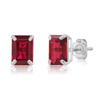 MAX + STONE 14k White Gold Solitaire Emerald-Cut Gemstone Stud Earrings (7x5mm)