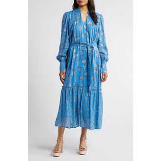 Ciebon Eriana Metallic Long Sleeve Belted Maxi Dress in Blue at Nordstrom Rack, Size Large