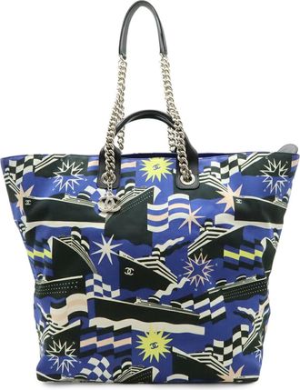 Chanel Black Blue Multi-Color Canvas Shoulder Bag Tote Bag (Pre-Owned)