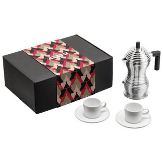 Alessi Coffee Gift Set Pulcina Mdl02bset - Caffettiera Espresso 3 Tazze In Alluminio Con Induzione 2 Tazze E Piattini In Porcellana