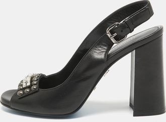 Loriblu Black Leather Crystal Embellished Peep Toe Slingback Pumps