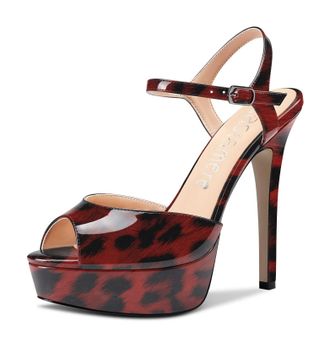 Castamere Women Stiletto High Platform Heel Peep Open Toe Sandals Ankle Strap Slingback Buckle Pumps Court Shoe Wedding Party Dress Shoes 5 Inches Heels Red Leo