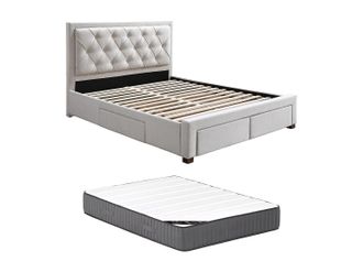 Vente-Unique Cama con cajones 180 x 200 cm - Tela - Beige + Colchón - LEOPOLD