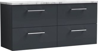 Nuie Nuie - Arno Wall Hung 4-Drawer Vanity Unit with Carrera Marble Worktop 1200mm Wide - Satin Anthracite
