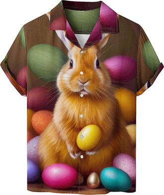 Generic Jumpers UK Clearance HUIFUAO Easter Eggs Shirt for Men UK Short Sleeve Easter Bunny Tee Shirt Funny Rabbit Button Down Blouse Tops Summer Hawaiian Tsh