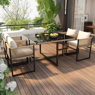 Direct Wicker Garden Dining Set with 4 Stackable Chairs, Outdoor Furniture Set in Beige | Size: 4 Person