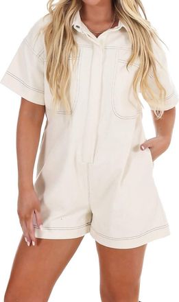 Reminiscence Contrast Stitch Twill Romper In Off White