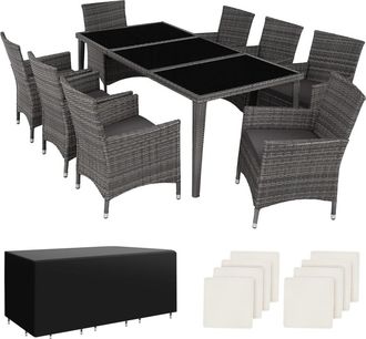 TecTake Set de ratán para 8 personas, sillas, cojines, mesa y fundas, gris