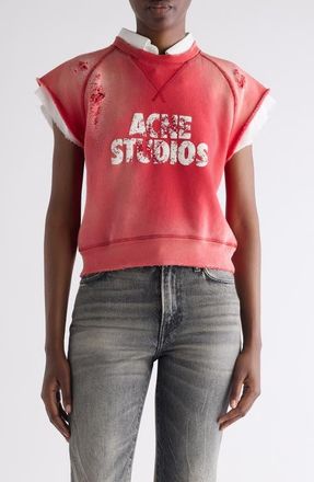 Acne Studios Mixed Media Distressed Cap Sleeve Logo Graphic Sweatshirt in Red/White at Nordstrom, Size X-Small