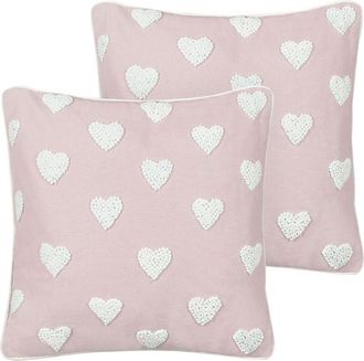 Beliani Beliani - Set of 2 Scatter Cushions Cotton Throw Pillow Embroidered Hearts Pattern 45 x 45 cm Pink Gazania