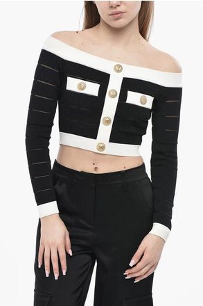 Balmain Two-Tone Crop Top With Gold-Effect Buttons size 42