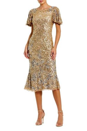 Mac Duggal Womens Flutter Sleeve Floral Embellished Sequin Midi Dress in Nude Gold at Nordstrom, Size 12