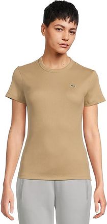 Lacoste Slim Fit Ribbed Cotton T-shirt Womens Clothing Beige : 10 (EUR 42)