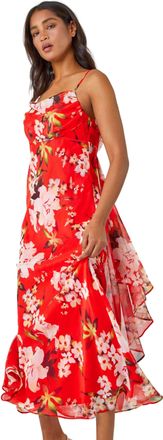 Roman Womens Floral Cowl Neck Chiffon Dress - Red - Size 20 UK