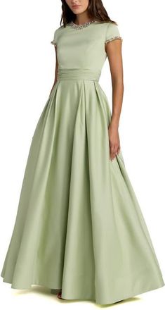 Mac Duggal Petite Embellished Satin Cap Sleeve Ball Gown in Sage at Nordstrom, Size 10