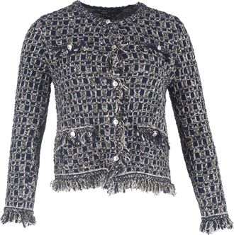 Maje Mimir Lurex Knit Tweed Cardigan in Navy Blue Cotton