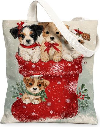 Generic Christmas Dogs Canvas Tote Bags, Adorable Animal Print Reusable Grocery Bags, Holiday Lightweight Washable Shoulder Canvas for Travel Picnic 13x15 Inc