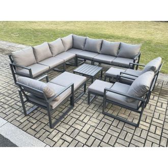 Fimous Fimous 13 Seater Outdoor Garden Furniture Set Aluminium Lounge Corner Sofa Square Coffee Table 3 Pcs Chair Sets with 3 Footstools Dark Grey
