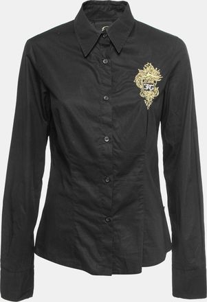Just Cavalli Black Cotton Logo Crest Embroidered Shirt