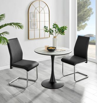 Furniturebox Elina White Marble Effect Scratch Resistant Dining Table & 2 Lorenzo Faux Leather Chairs in Black