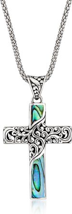 Ross-Simons Black Abalone Shell Bali-Style Cross Pendant Necklace in Sterling Silver