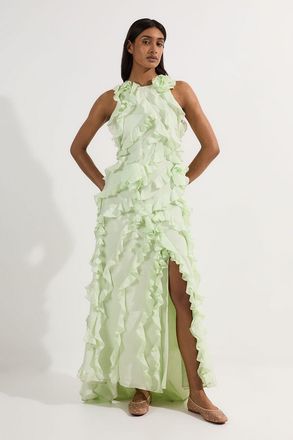 Karen Millen Womens Embellished Ruffle Woven Maxi Dress - Green Viscose - Size 10 UK