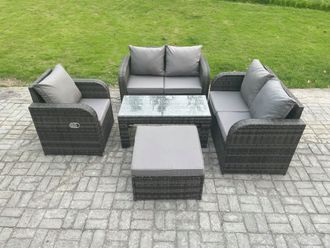 Fimous 5 PCS Garden Furniture set Rattan Outdoor Lounge Sofa Table Chair With Tempered Glass Table Dark Grey Mixed