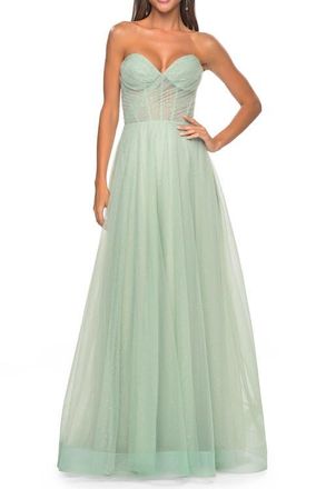 La Femme Sweetheart Tulle and Rhinestone Prom Dress with Illusion Detail in Sage at Nordstrom, Size 00