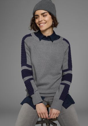 Arizona Rundhalspullover ARIZONA im Bikerstil, Damen, Gr. 32/34, grau (grau, marine), Feinstrick, Obermaterial: 50% Baumwolle, 50% Polyacryl, figurbetont h&uuml;ft