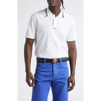 Versace Greca Collar Cotton Piqu&eacute; Polo in Optical White at Nordstrom, Size Xx-Large