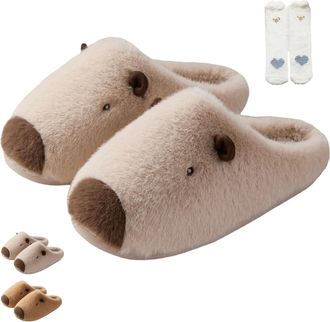 Generic Capybara Slippers for Women Men, 3D Plush Warm Non-Slip Couple Slippers, Soft Comfortable Bedroom Shoes (Beige, Medium, Adult, Women, 9.5, Numeric Ran