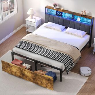 C&A 4ft6 Double Bed Frame with RGB LED Headboard,2 Storage Drawers,Metal Platform,Easy Assembly,Black+Walnut