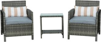 OUTSUNNY 3 pc Outdoor Rattan Sofa Set w/ Chairs Coffee Table Cushion Grey