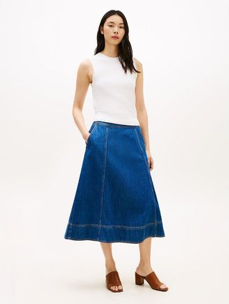 Tommy Hilfiger Womens High-Rise Flared Denim Midi Skirt - Blue - 10